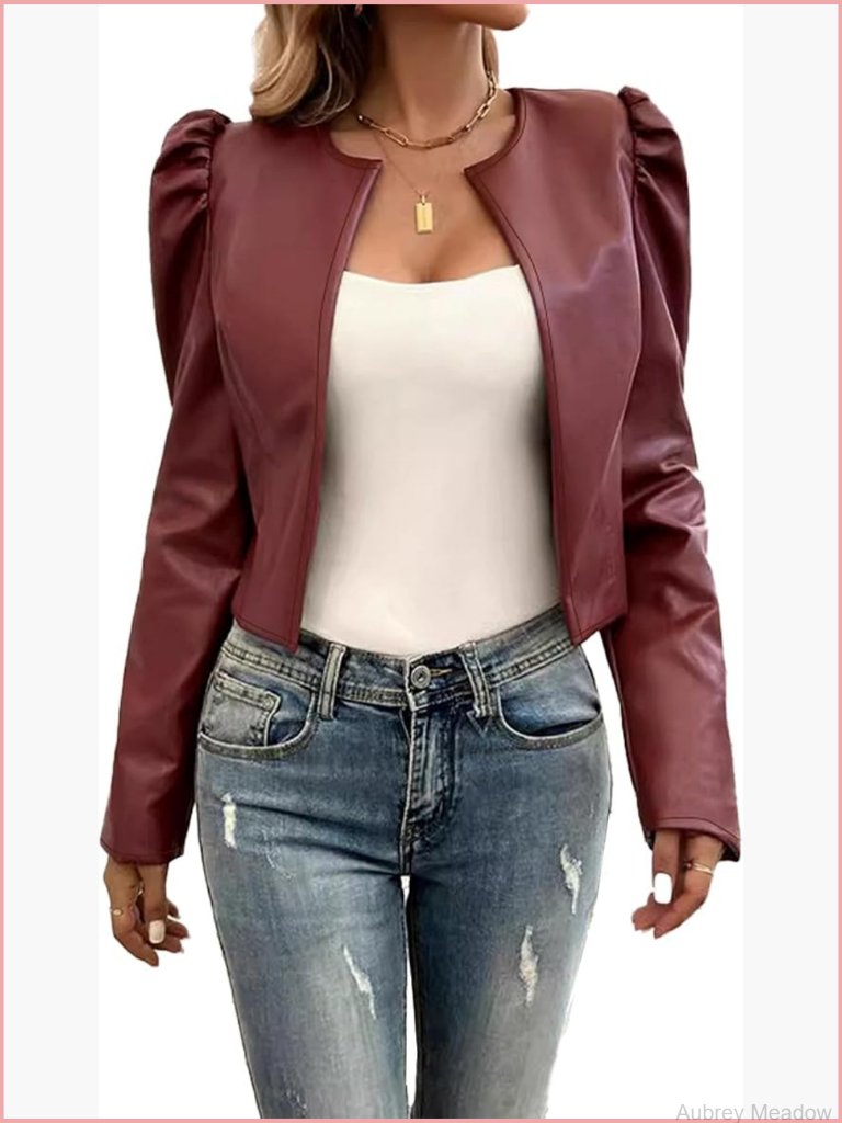 Faux Leather Bolero Blazer Puff Sleeve Cropped Jacket Open Front Long Sleeve